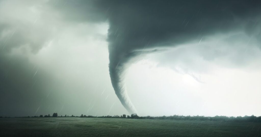 A tornado swirls over a field in the rain, illustrating a childhood dream about a tornado warning.