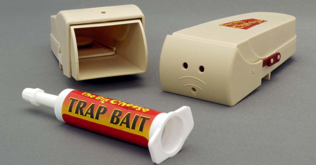 A picture of a rat trap with a tube of bait illustrates the idea of gullibility. 