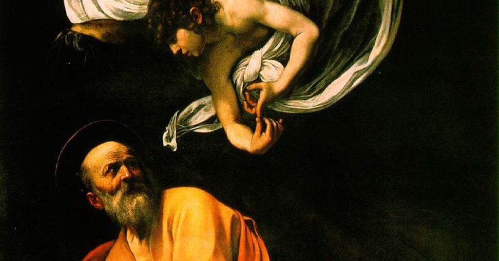 A Caravaggio painting of St Matthew being inspired by an angel illustrates the idea of the daimon, or guiding spirit of individual destiny.
