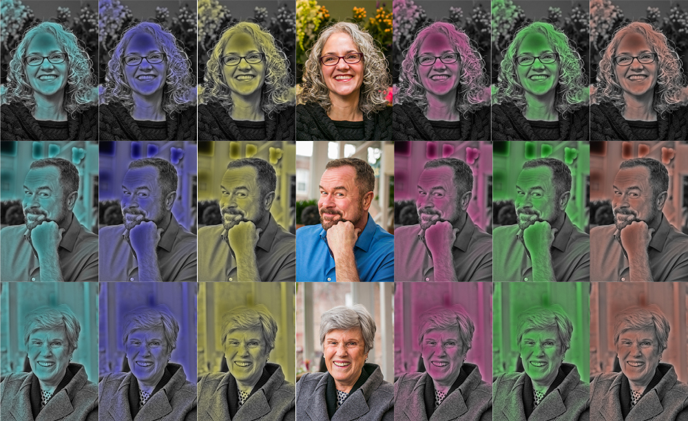 A pop art style image in which photos of hosts Lisa Marchiano, Deborah Stewart and Joseph Lee are shown repeatedly.