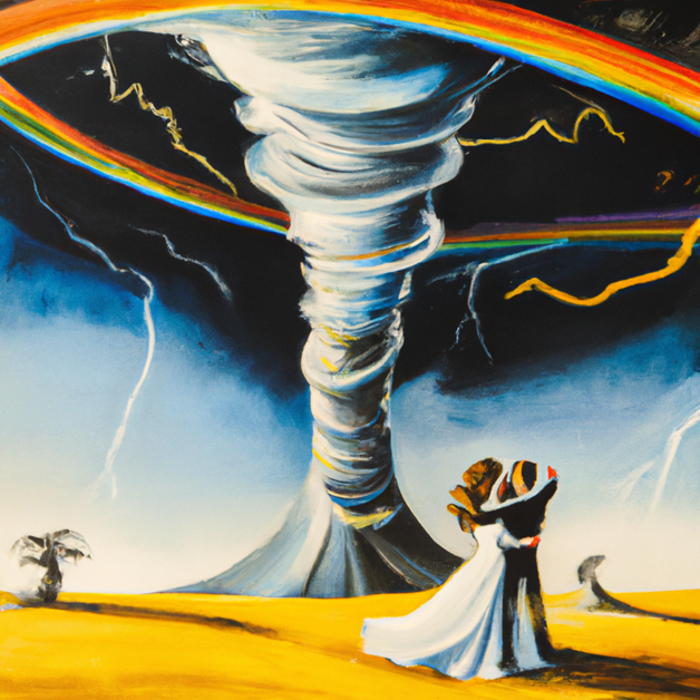 A hurricane is surrounded by a rainbow ring. Underneath a just married couple point to it.