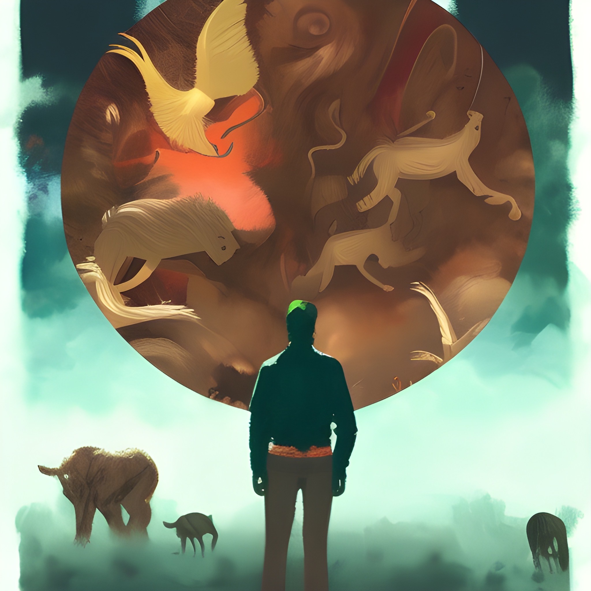 man standing before a circle of animals..