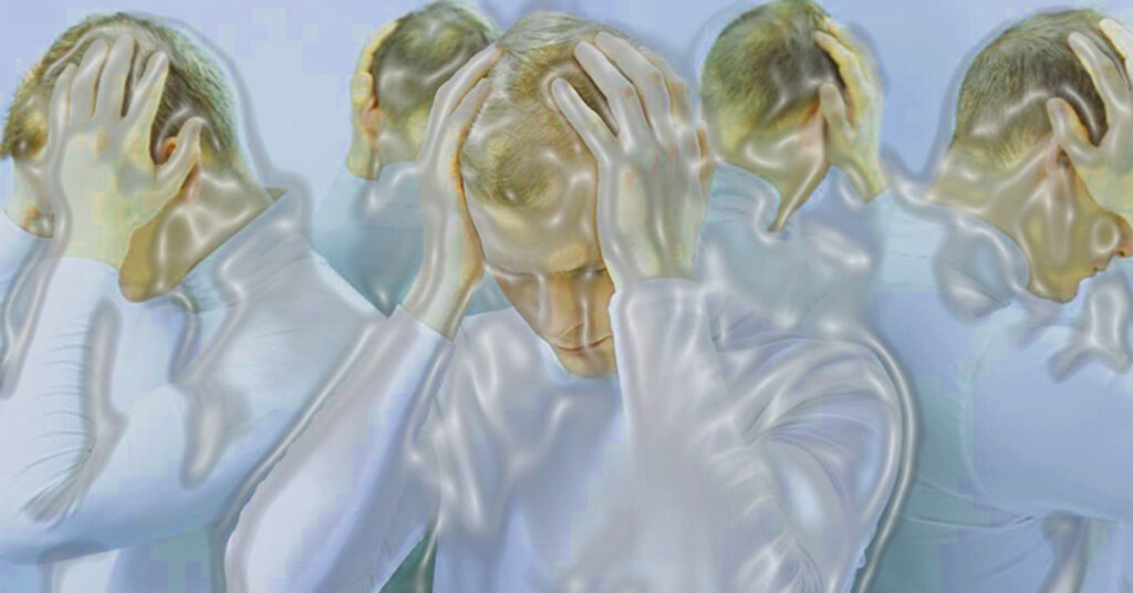 A circle of identical men with blond hair and wearing white turtlenecks cover their ears, as if to stifle auditory hallucinations.