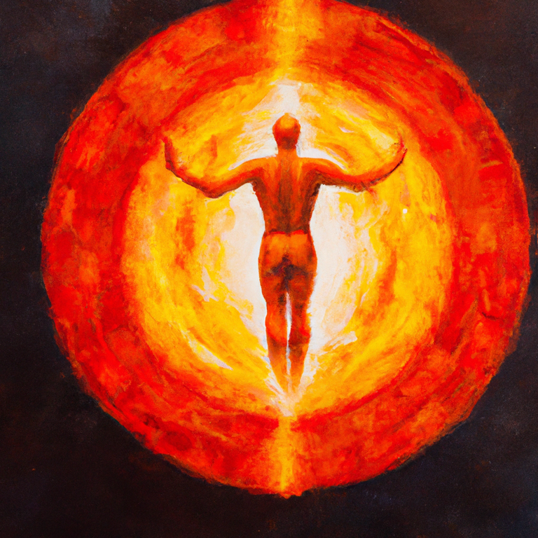 A man without clothes painted in red and gold is at the center of a ring of fire.