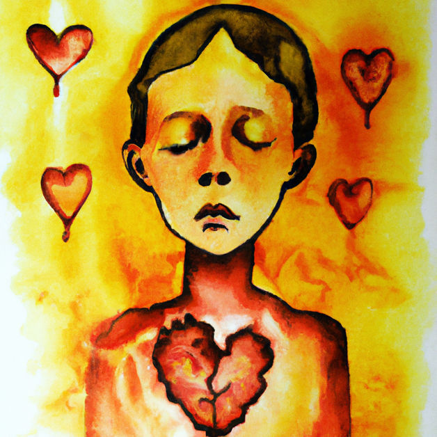A painting of an orphan boy with large, sad eyes, and his heart visible in his chest. A yellow background is decorated with hearts.