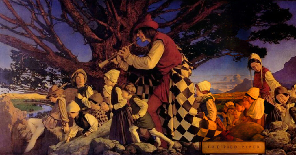 The Pied Piper wears a red shirt and a checked cloak. He plays his pipe to villagers gathered under a tree.