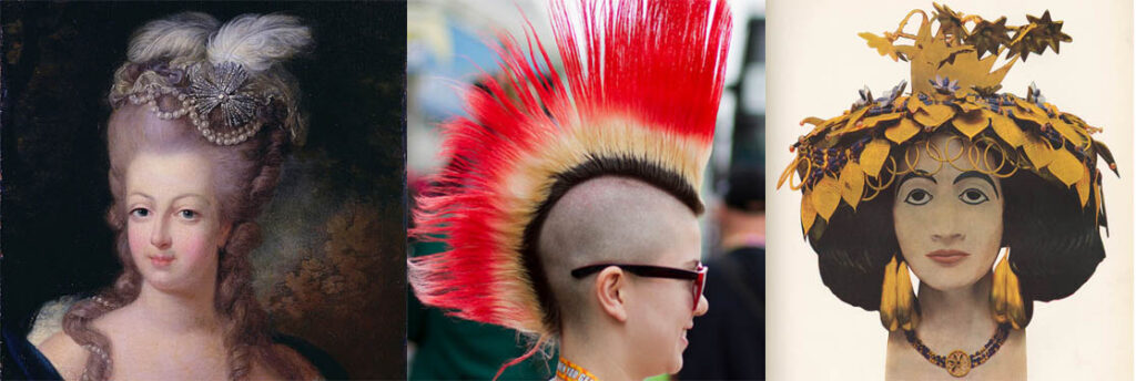 Three different images of hair: one historic, one punk with a mohawk; one creative hat of leaves.