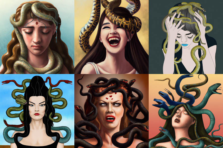 There are 6 different faces of the goddess Medusa with snakes for hair
