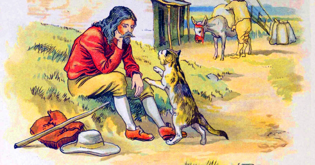 A miller's son sitting with a talking cat.
