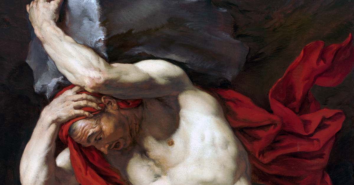 A painting pf Sisyphus, struggling to carry a huge boulder.