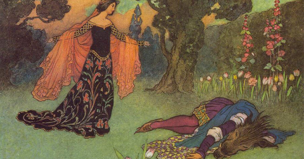 An illustration of Beauty and the Beast. Beauty is standing with her arms flung wide in distress, while the Beast lies motionless on the grass.
