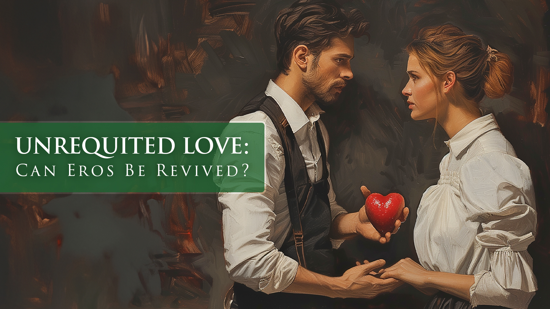 A man offers a woman his heart to a woman who rejects it, showing his love is unrequited.