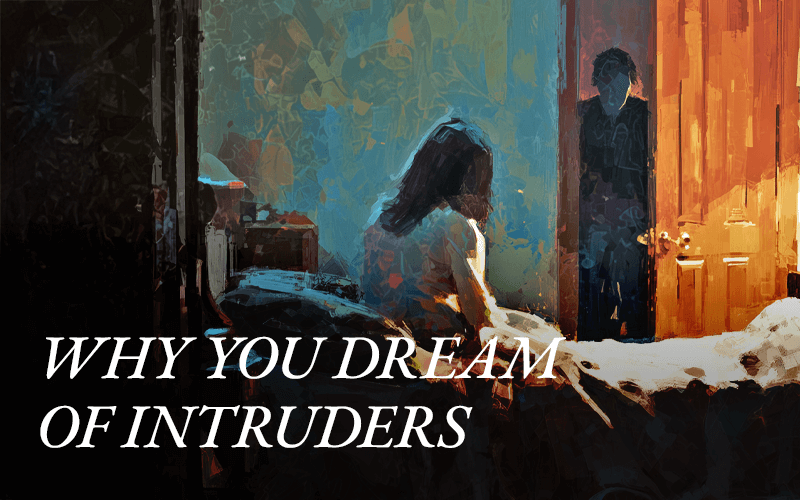 A woman sits on a bed in a bedroom, while an unknown man enters through the door, representing an intruder in her dream.