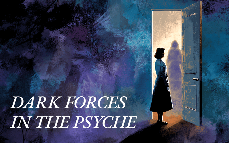 A woman stands in a doorway confronting a shadowy figure, representing self-sabotage and self-destructiveness.