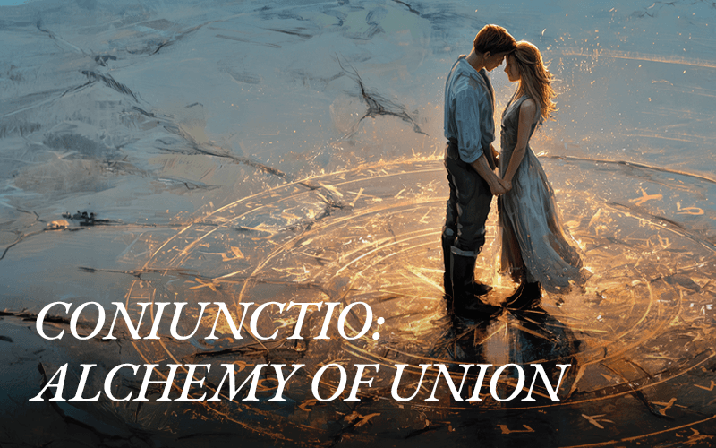 A couple stand on a sacred stone circle, symbolizing the Jungian alchemical concept of coniunctio.