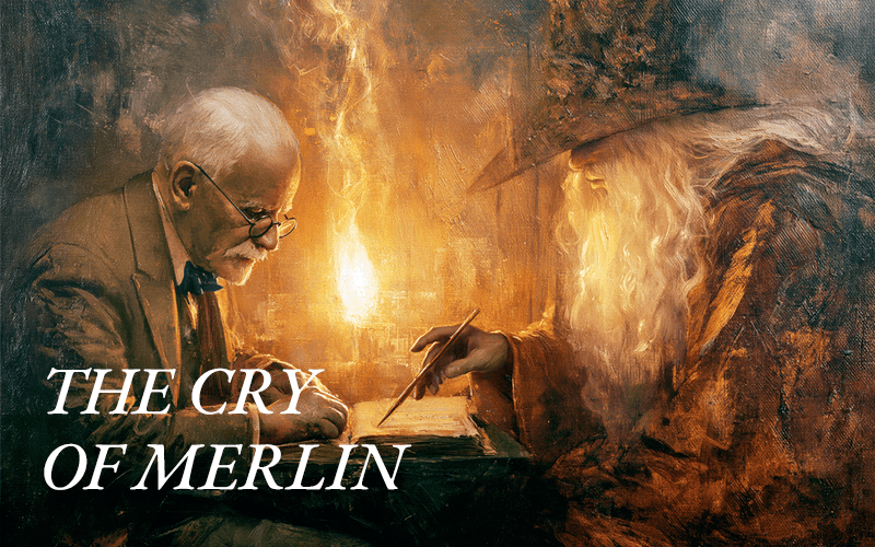 Merlin is in an imagined conversation with Carl Jung next to a mystical fire.