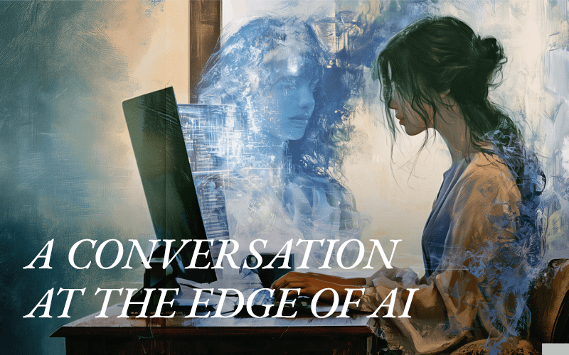 A woman stares at a computer screen with shadowy archetypal figures, illustrating the theme of archetypes emerging in AI.