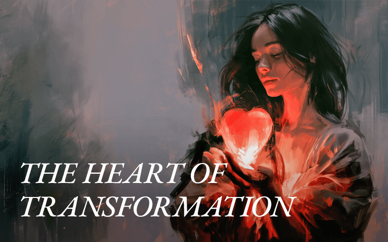A woman holds a glowing heart, illustrating MIchael Meade's concept of the heart of transformation.